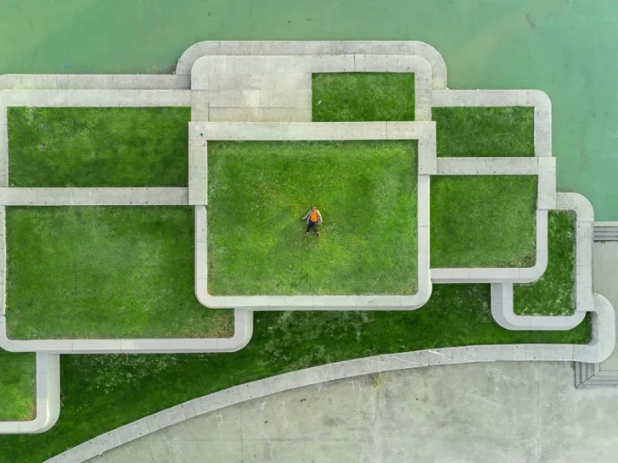 Aerial view of a modern theme park landscape managed with Odoo software